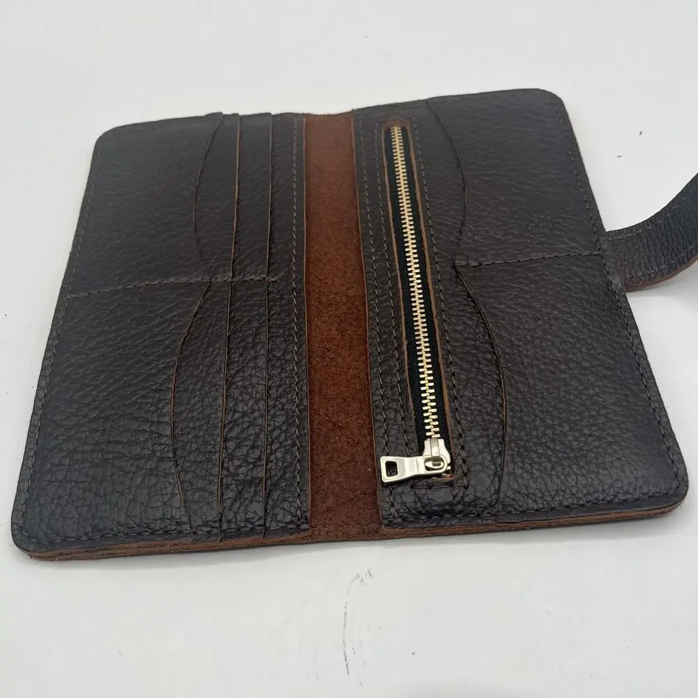 Portland Leather Goods Long Bifold Wallet Brown Leather Snap Closure Organizer